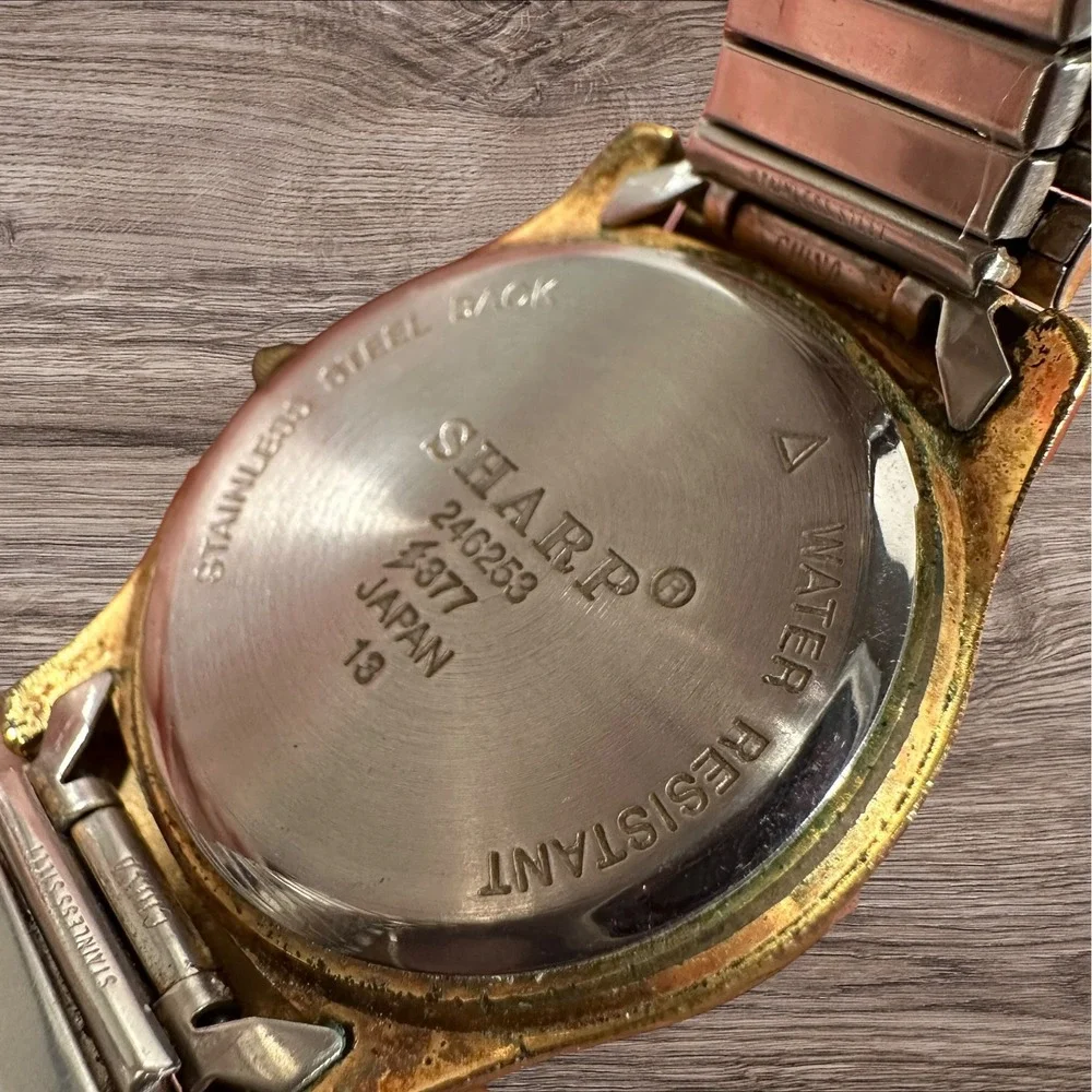 Mens Sharp Quartz Watch Gold‎ Tone Date Japan 246253 377 Stretch Band